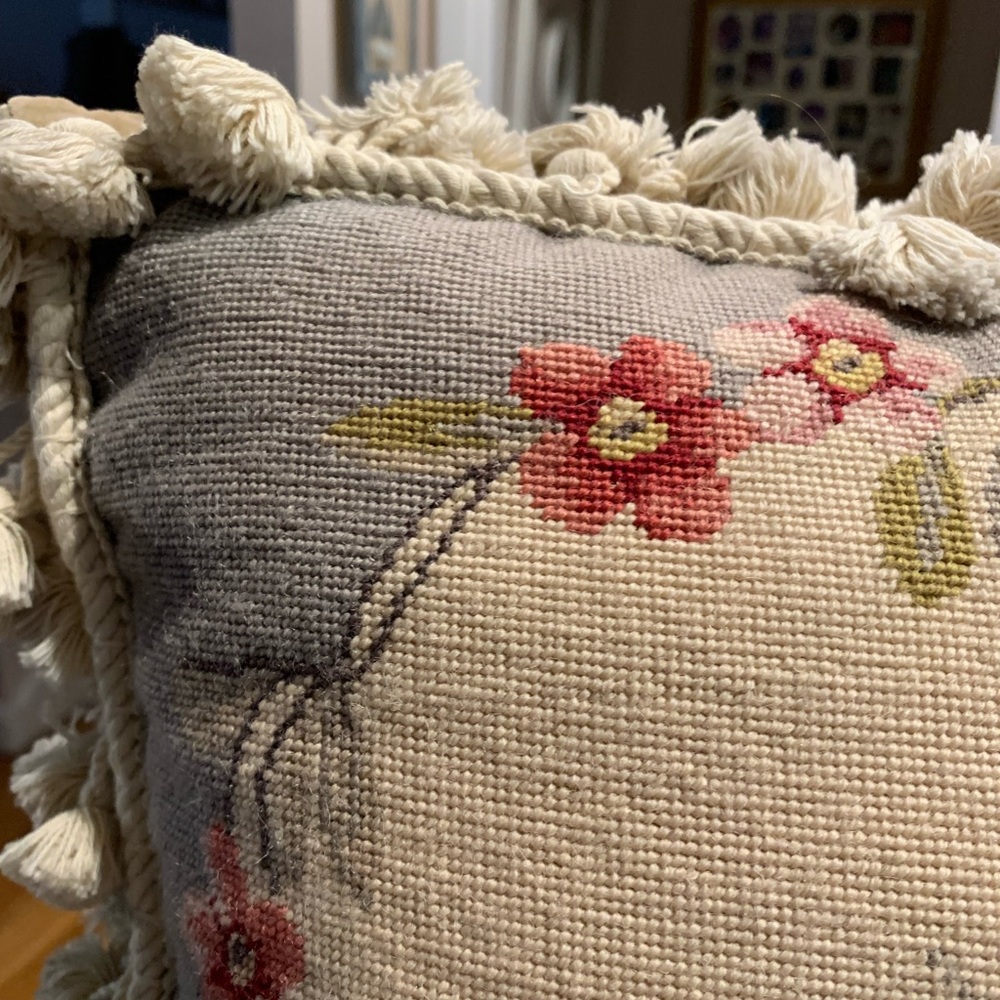 Vintage Needlepoint Basket of flowers Throw Pillow 20x20 - Picture 5 of 6